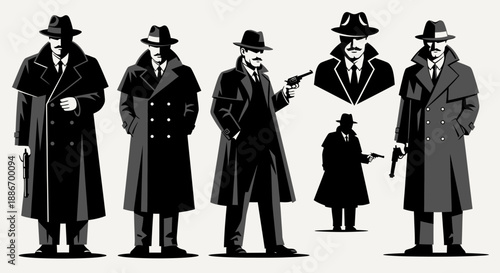 Retro Gangster Men in Trench Coats and Hats with Guns, Stylish Illustration
