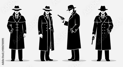 Four Men in Trench Coats and Hats with Guns, Silhouette Style