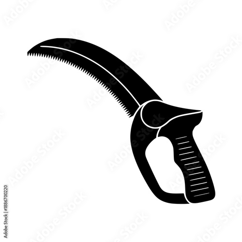 Black silhouette of a pruning saw, depicted as a clean vector illustration with bold lines and a simple, single-color design.
