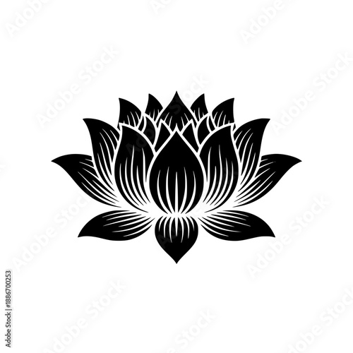 Elegant black and white outline illustration of a lotus flower with detailed petals on a white background, symbolizing purity and peace.