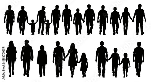 Diverse Families and Children Walking Together Representing Unity and Connection Silhouettes