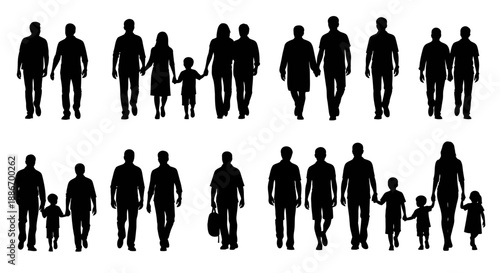 Diverse Silhouettes of Families and Couples Walking Together, Isolated on White