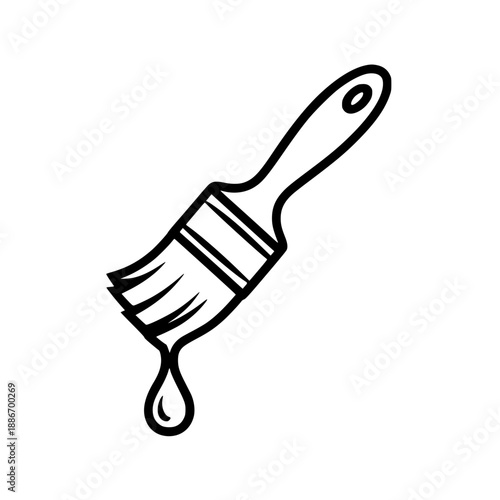 Line art illustration of a paintbrush with a wooden handle, bristles arranged vertically, held slightly angled, black stroke on white background