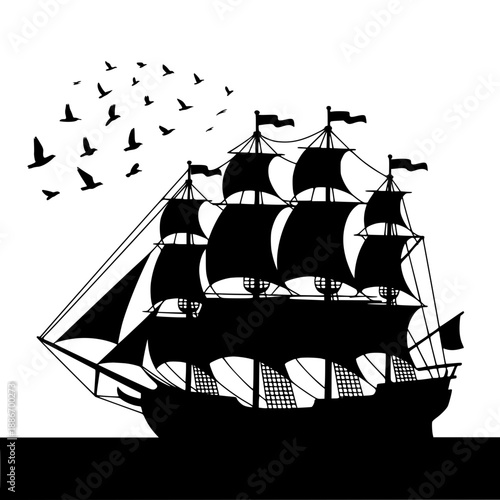 Silhouette illustration of a vintage sailing ship with full sails, flying flags, and a flock of birds in a white sky over water.