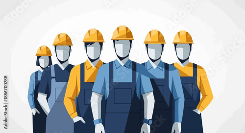 Diverse Group of Construction Workers in Uniforms and Hard Hats Standing Together