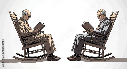 Two Elderly Men in Rocking Chairs Reading Books, Facing Each Other in Reflection