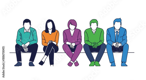 Diverse group of people sitting in a row, facing forward, conceptual illustration