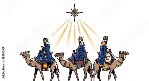 Three Wise Men on Camels Following the Star of Bethlehem on White Background