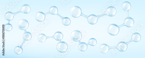3D glass molecules or atoms on light blue background. Concept of biochemical, pharmaceutical, beauty, medical. Science or medical background. Vector 3d illustration