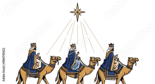 Three Wise Men on Camels Following Star to Bethlehem, Religious Christmas Illustration