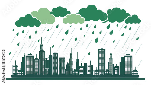 Cityscape in Heavy Rain Under Dark Clouds