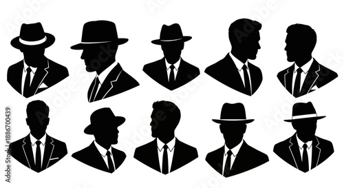 Diverse Silhouettes of Men in Suits and Hats, Classic Style Icons