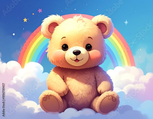 A fluffy, friendly bear sits upon soft clouds under a vibrant rainbow, sparkling stars in the sky