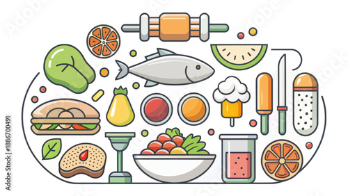 Colorful assortment of fresh food illustrations