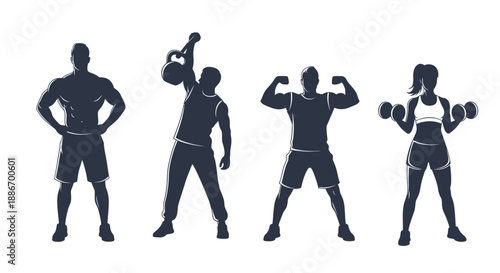 Diverse Silhouettes of Fit Men and Women Exercising with Weights and Kettlebell