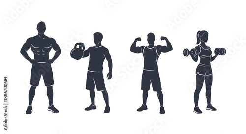 Diverse Silhouettes of Fit Men and Women Exercising with Weights