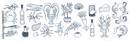 A classic line-drawn illustration set inspired by Italian coastal food culture, including seafood, pizza, herbs, citrus and kitchen essentials.