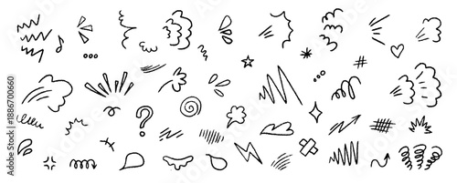 Vintage inspired anime emotion effect elements with sketchy lines, arrows and scribbles. Retro cartoon doodle marks for manga, comic emotion, movement and decorative graphic accents.