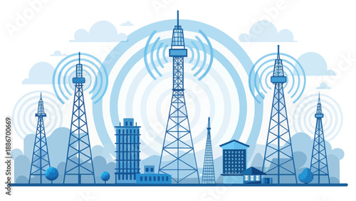 Communication Towers Broadcasting Signals Over City
