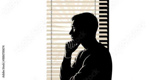 Silhouette of a Man Pondering by a Window with Blinds, Reflective Thoughtful Mood