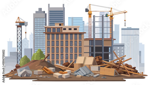 Construction Site with Debris and Cranes in Urban Setting