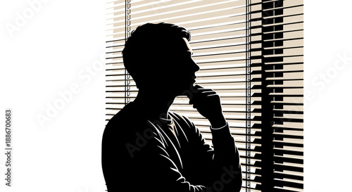 Silhouette of a thoughtful man looking out a window through blinds, deep in thought