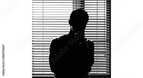 Silhouette of a person thinking in front of blinds, mysterious and thoughtful mood