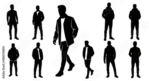 Diverse Male Silhouettes in Stylish Casual and Athletic Wear, Walking and Standing Poses