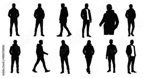 Collection of Male Silhouettes in Casual Winter Clothing Posing Against White Background