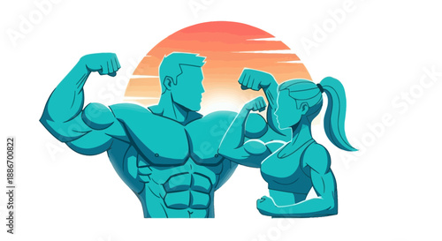 Muscular Man and Woman Flexing Biceps Silhouette Against Sunset Background