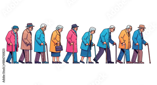 Diverse group of elderly people walking in a, symbolizing aging and community