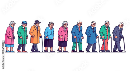 Group of Diverse Elderly People Walking Together with Walking Sticks, Representing Aging