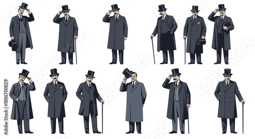 Collection of Vintage Gentlemen in Formal Attire with Top Hats and Coats
