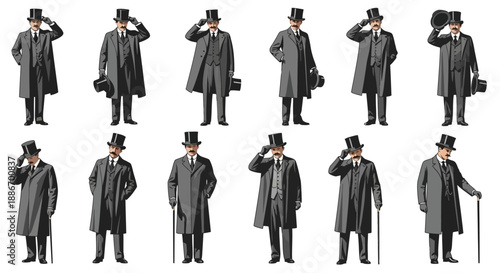 Victorian Gentleman in Top Hat and Overcoat Posing with Cane and Hat
