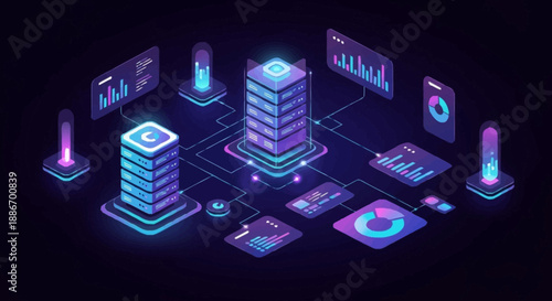Abstract isometric data center illustration with glowing servers, charts, and network connections