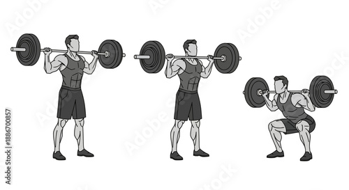 Man Performing Barbell Back Squats: Exercise Demonstration in Three Stages