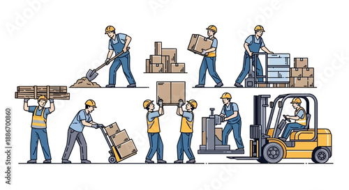 Warehouse Workers Performing Various Manual Labor and Logistics Tasks