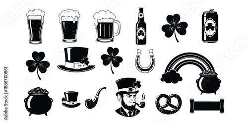 St patrick's day shamrock and pot of gold icons