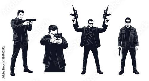 Silhouette of Men with Guns, Action Poses, Criminals, Special Forces, Agents