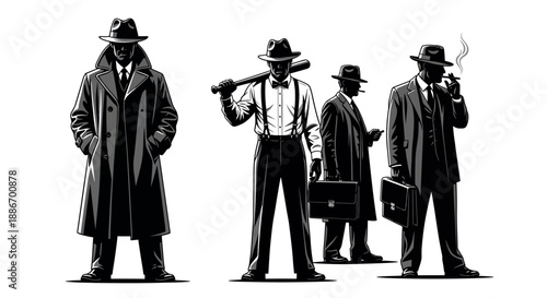 Group of Vintage Mobsters in Suits and Hats with Briefcase, Baseball Bat, and Cigar