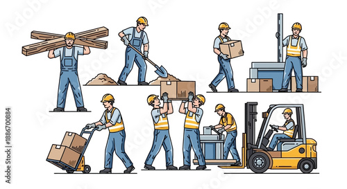 Construction Workers and Warehouse Staff in Various Labor Activities and Loading Scenarios