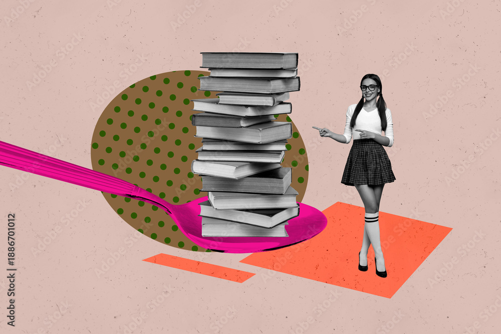 Obraz premium Pop art full zine photo collage of happy girl guy stand library academic book stack education learner vocabulary encyclopedia spoon