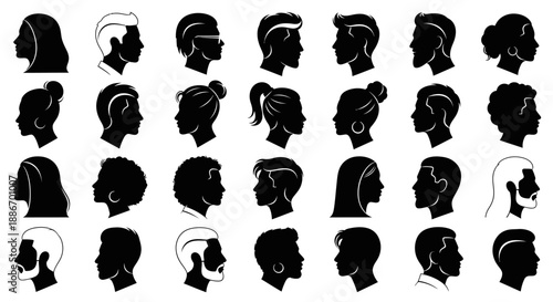 Diverse Collection of Silhouette Profile Icons Representing Men and Women of All Ages