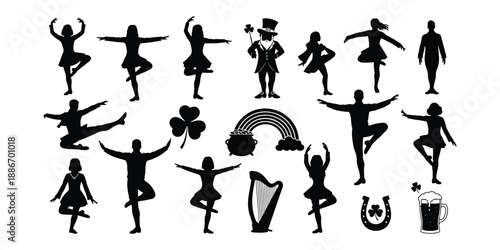 Collection of various dance poses and musical instruments in silhouette