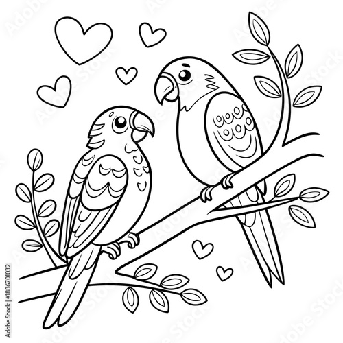 A charming coloring page of two adorable parrots in love perched on a branch surrounded by hearts