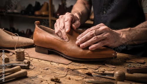 Medium shot of a skilled artisan shaping a narrow slipper last carefully molding the upper for a sleek and snug fit that contours to the foots slender profile.