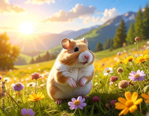 A fluffy, smiling rodent sits upright amidst wildflowers, basking in the sun's warm glow with mountains in the background