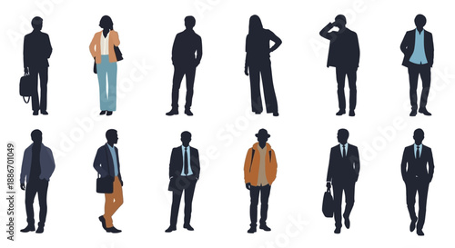 Diverse Group of Business People Silhouettes Standing in a Row, Isolated