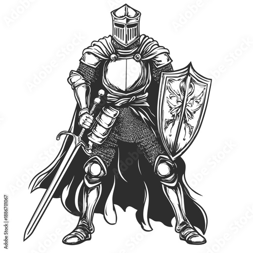 Knight in Armor Holding Sword and Shield, Ready for Battle