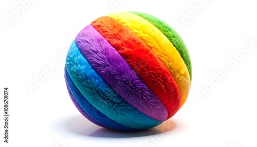 A fluffy, spherical object composed of vibrant, rainbow-colored segments, with a soft, tactile appearance set against a clean white backdrop